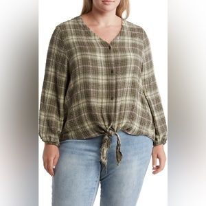 COMO VINTAGE Pucker Plaid Tie hem Blouse